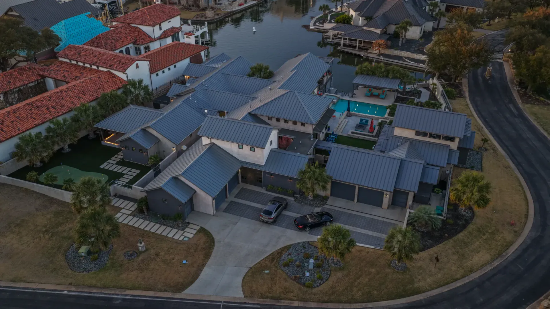 Aerial overhead view of estate at dusk